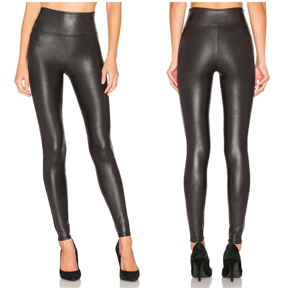 SPANX Faux Leather Coated Black High-Rise Leggings Size L Edgy Going Out Shaping